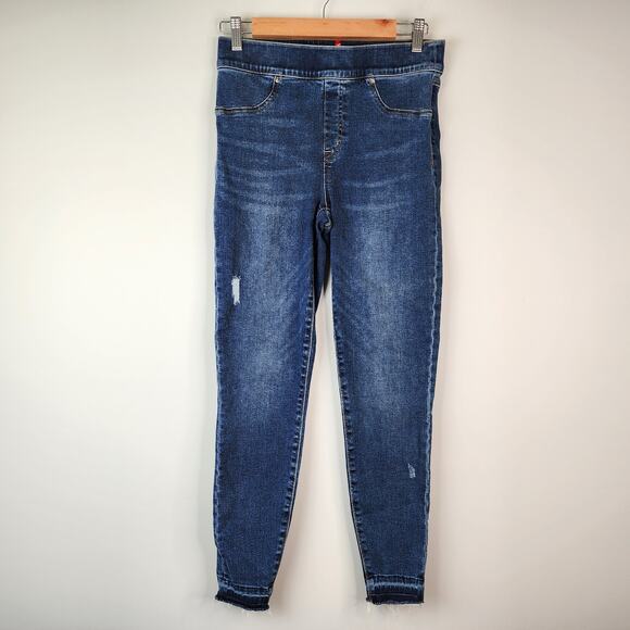 Spanx Pull On Skinny Jeans Women's MEDIUM Distressed Raw Hem Stretch Denim Pants - Picture 2 of 9